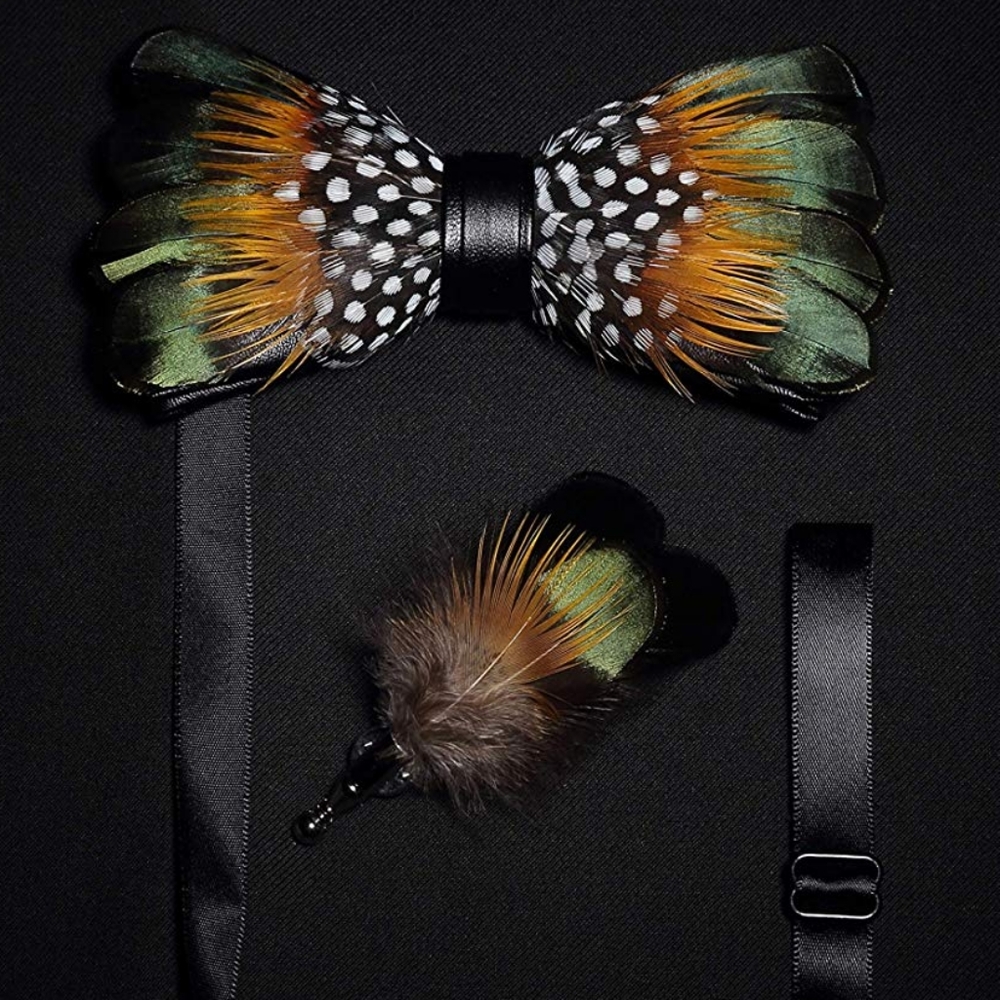 Mens Natural Feather Pre Tied Bow Tie & Lapel Pin - Picture 3 of 4